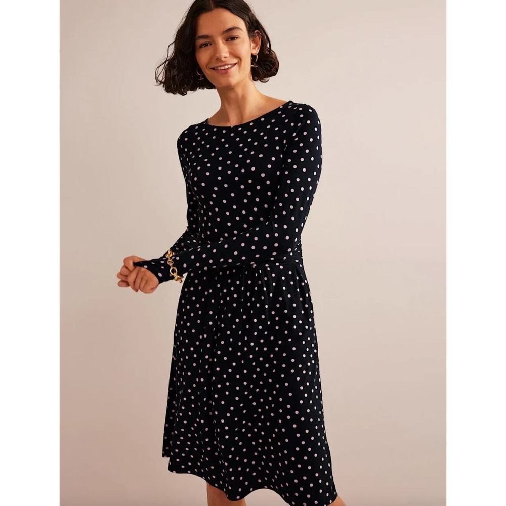 Boden Abigail Long sleeve Jersey Polka Dot Dress Black Pink 14R Office Twee